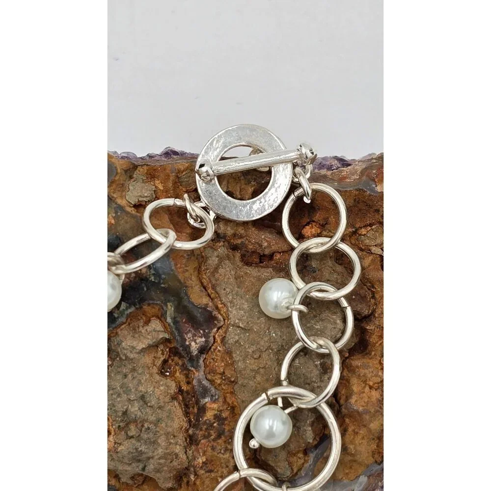 Silver Tone Dangle Faux Pearl Charm Bracelet Circle Link Toggle Clasp Jewelry